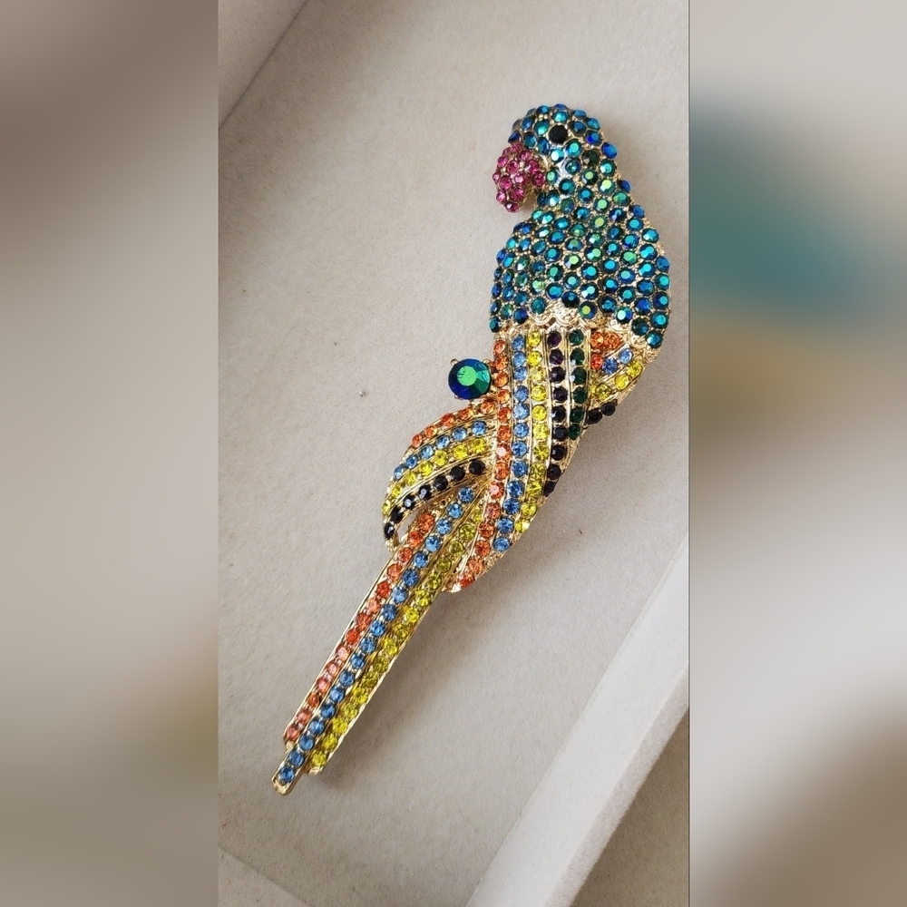 Large Statement Gold Colorful Parrot Bird Brooch Pin